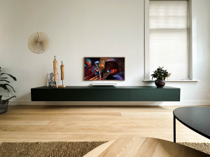 Japandi woonkamer met tv-meubel en natuurlijke accessoires